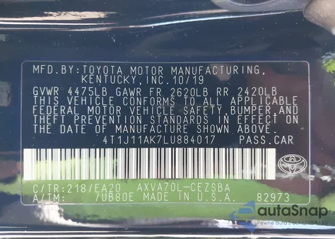 2020 Toyota Camry Se z USA, uszkodzony, nr VIN 4T1J11AK7LU884017